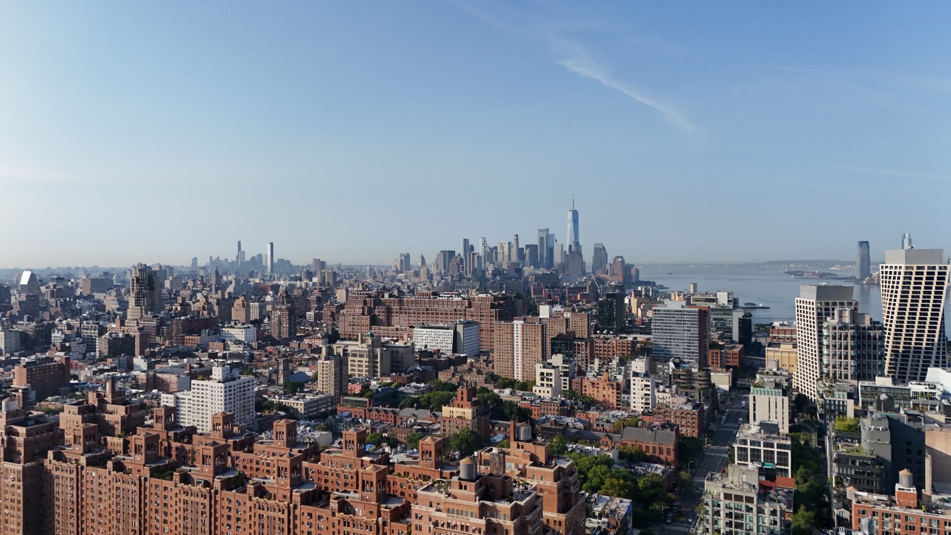 Wide aerial cityscape looking south over Manhattan